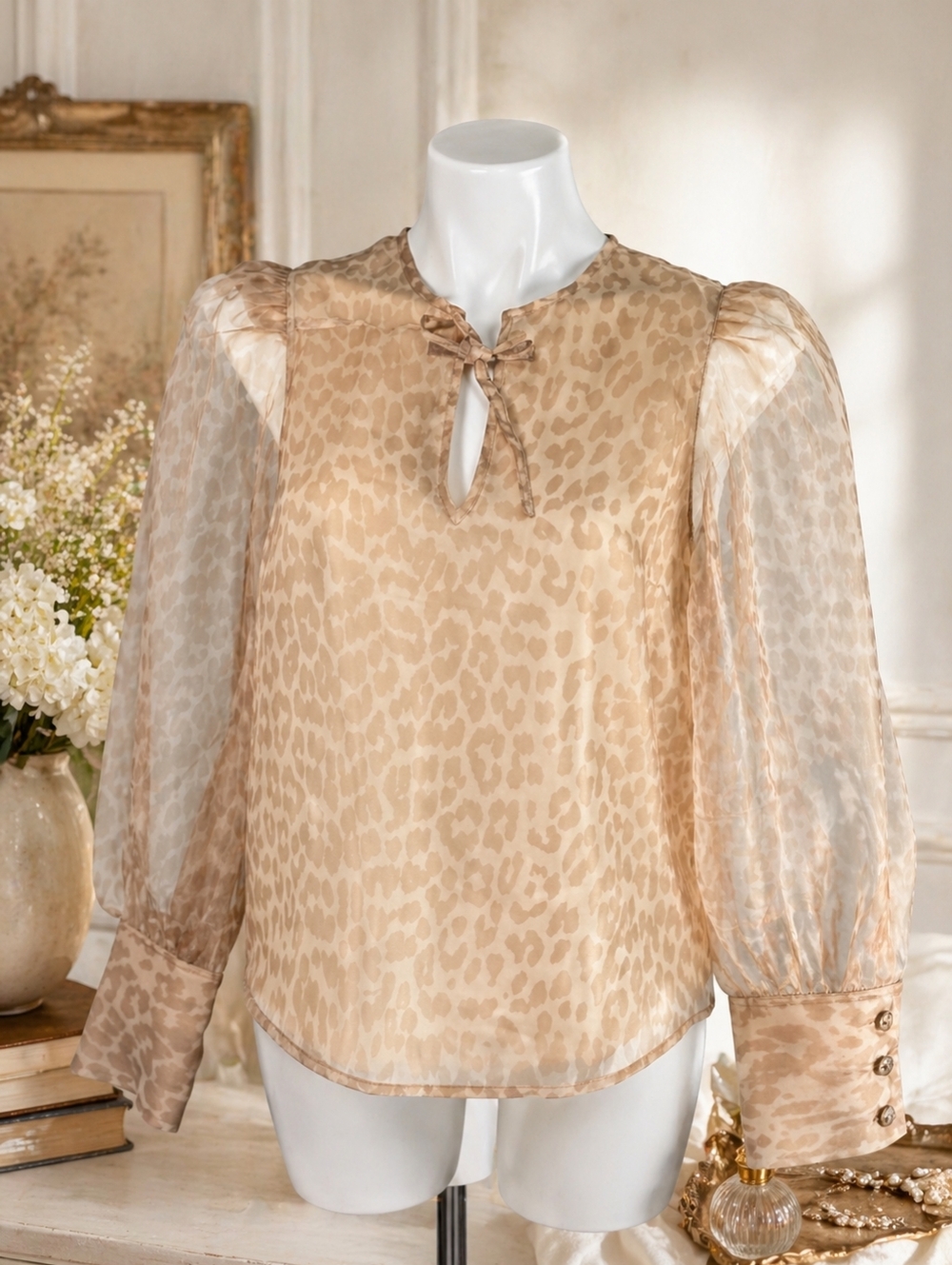 Rachel Zoe Sheer Beige Leopard Tie-Neck Blouse Sz M Boho Chic Top